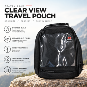 universal black motorcycle tank bag with a transparent touch-screen mobile phone pocket on top